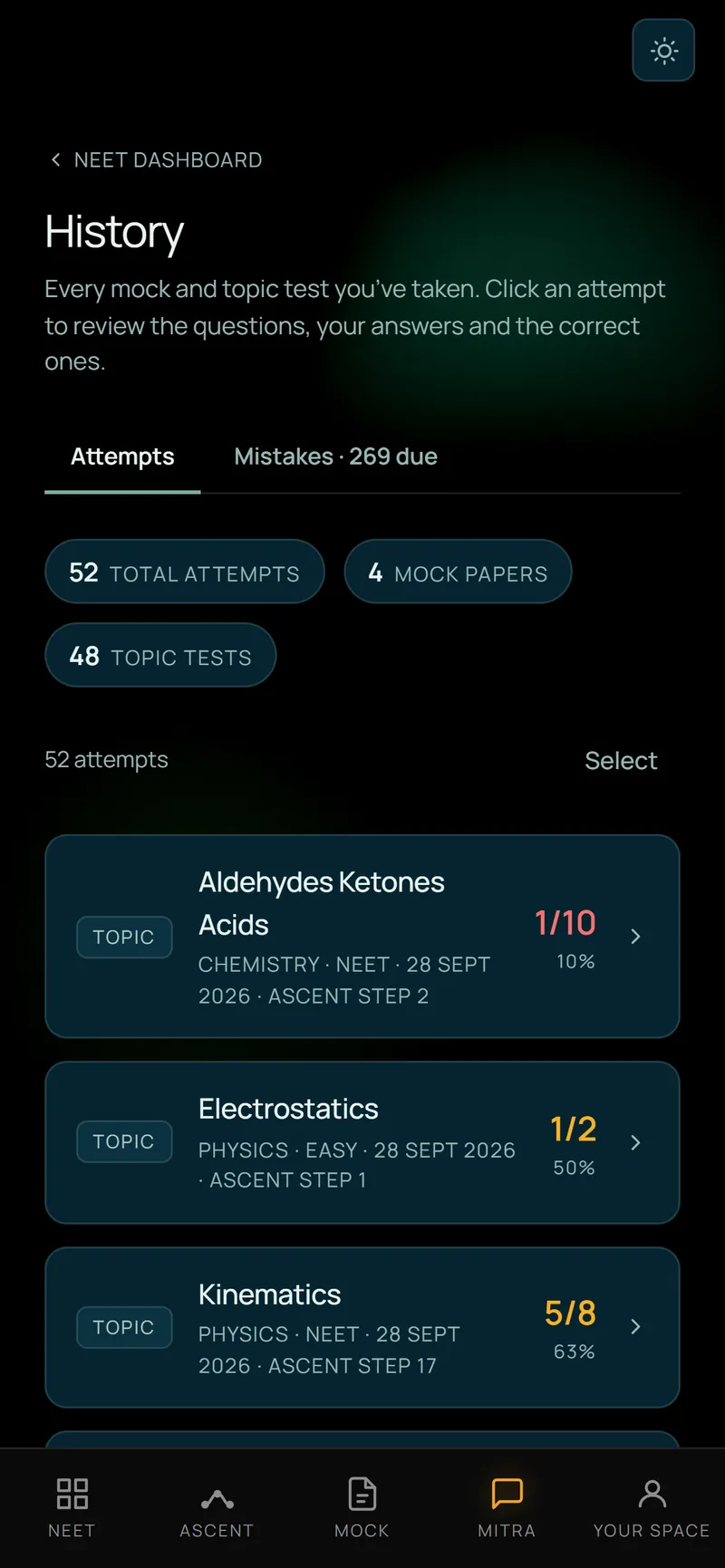 ExamGraph’s History page: every mock and topic test in one list, each with its score.
