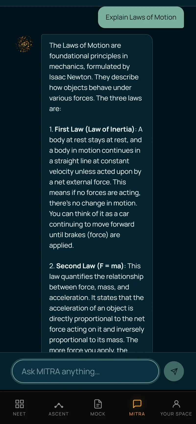 MITRA explaining the laws of motion and citing the NCERT Physics chapter and page.