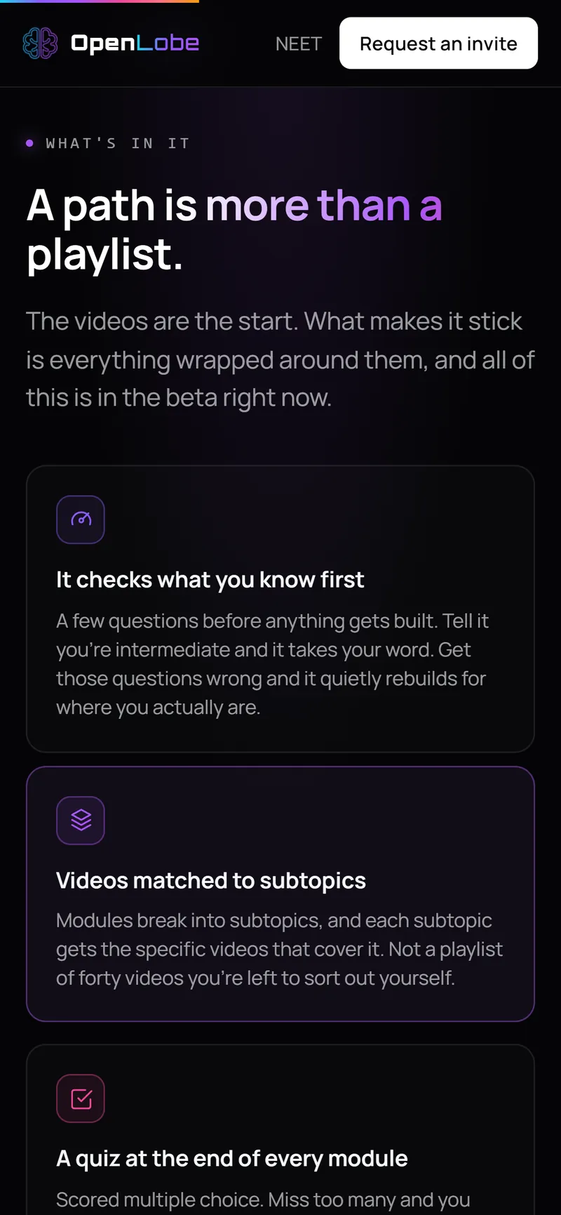 openlobe.app’s list of what is in the beta: a diagnostic first, videos matched to subtopics, a quiz per module, written practice, a tutor, and your own material.