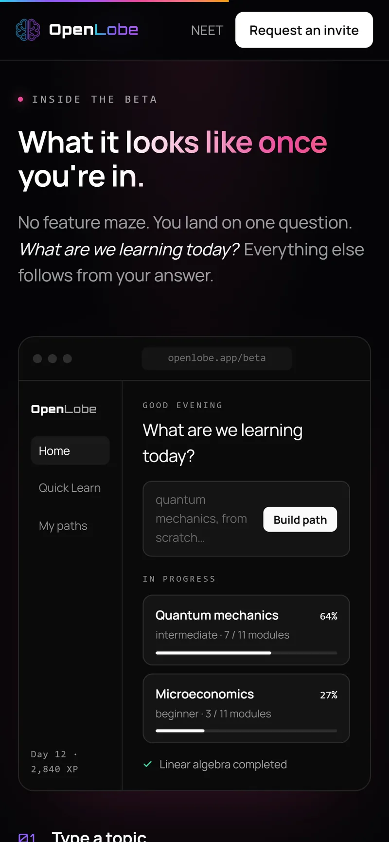 openlobe.app’s tour of the beta: a topic box, paths in progress, and the four steps from topic to module.